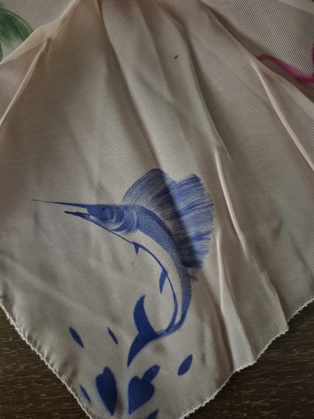 Vintage Hand Painted Florida Handkerchiefs Set - Chiffon Pink & White